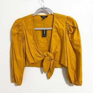 Linen-Blend Tie Front Puff Sleeve Cropped Top